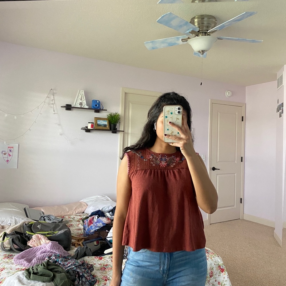 Adorable burnt orange with embroidery top